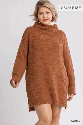 High Cowl Neck Bouclé Long Sleeve Sweater Dress Brown