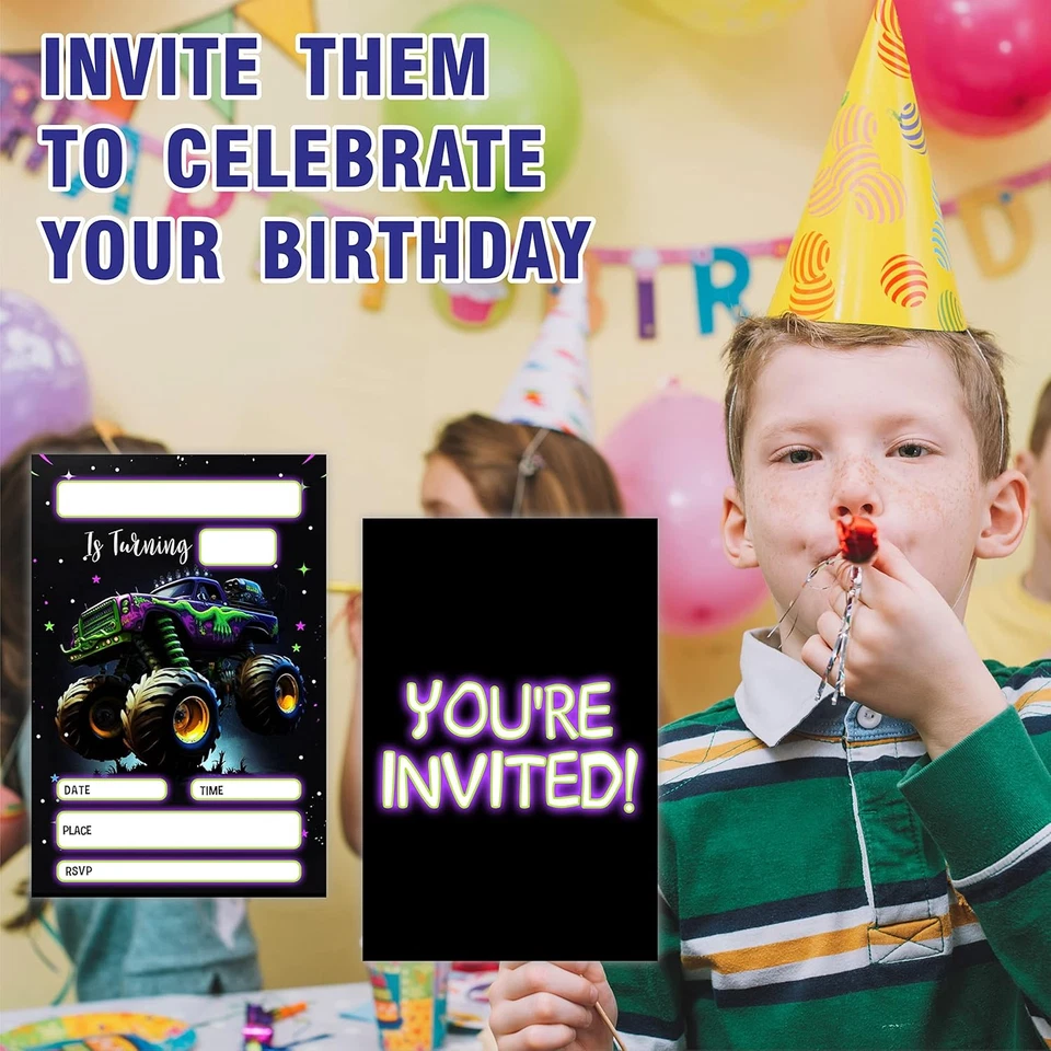 Invitaciones de cumpleaños temáticas Monster Truck, 20 unidades, 4 x 6 pulgadas, papel recubierto, Foto 4 de 4