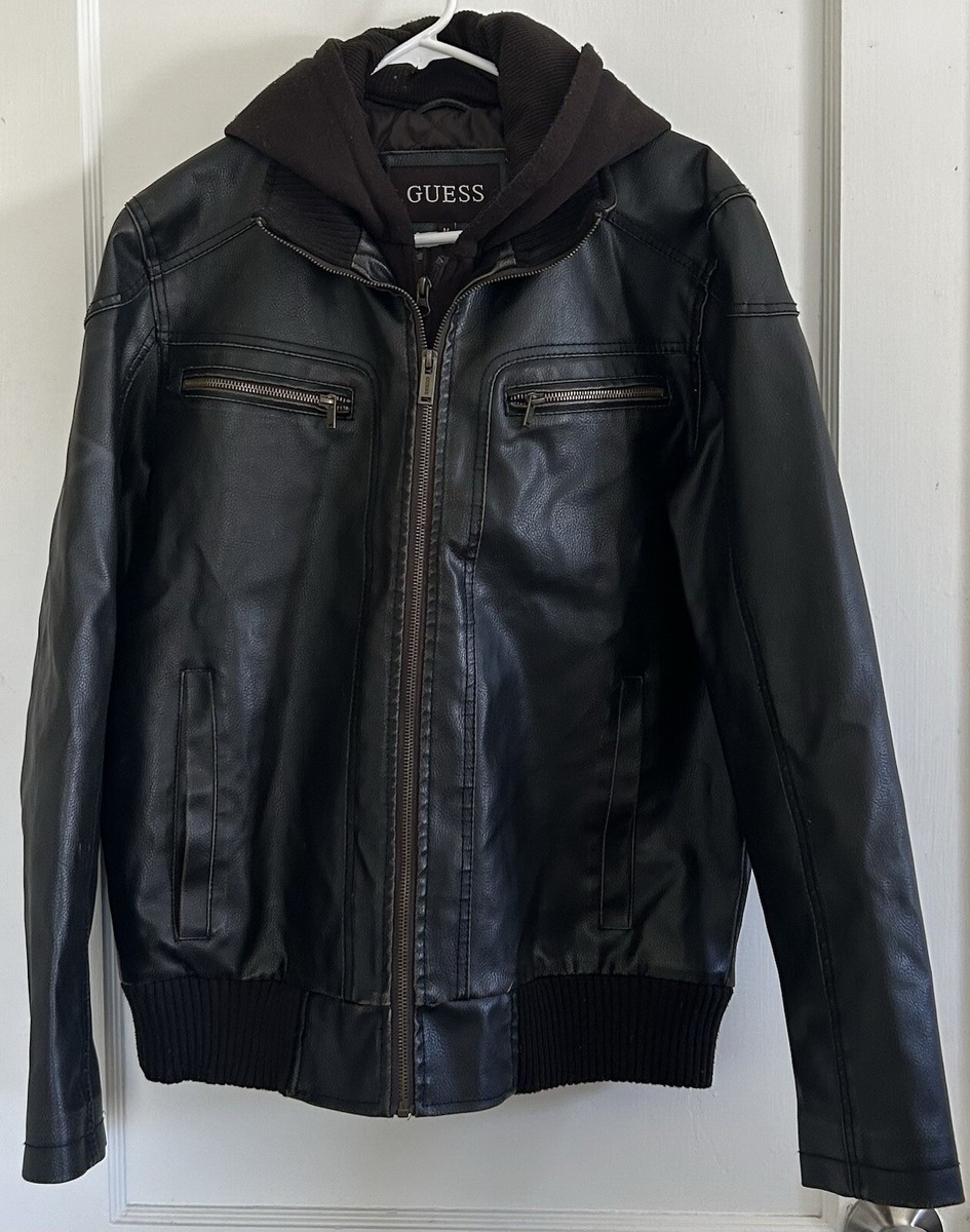 Guess Black Removable Hood Bomber Jacket Faux Leather Quilted Lining in  Men's M