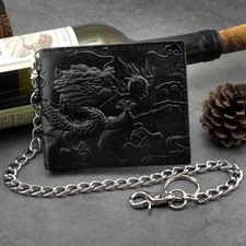 Balck Top Quality Men Leather Vintage Dragon Wallet with Chain Card Holder Purse