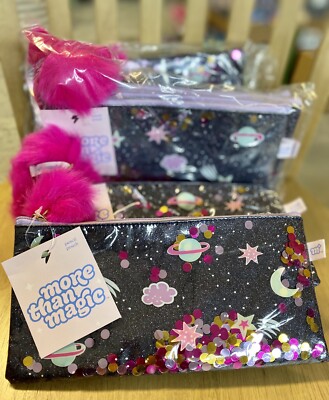 More Than Magic Galaxy Pencil Pouch Black Outer Space Theme w/Pom-Pom Zip, NWT