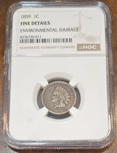 1859 Indian Head Cent NGC  - Fine Details - Environmental Damage