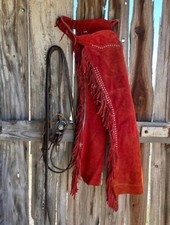 Women's Hand Crafted Red Cowgirl Style Suede Leather Chaps Pants Western Wear.