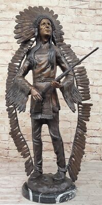 LARGE AMERICAN INDIAN CHIEF WESTERN ART ON MARBLE BASE FIGURINE STATUE DECOR ART