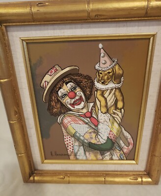 Vintage Unique Clown & Dog Original Signed H Hargrove Oil