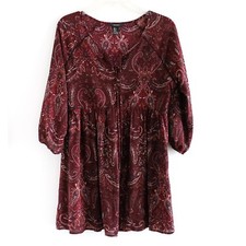 Forever 21 autumn fall boho dress floral print hippy peasant maroon red S small