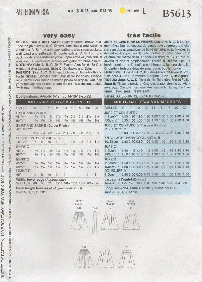 Butterick Sewing Pattern 5613 VERY EASY Flared Skirts Wide Yoke Boarder 14 16 - Image 3 of 4
