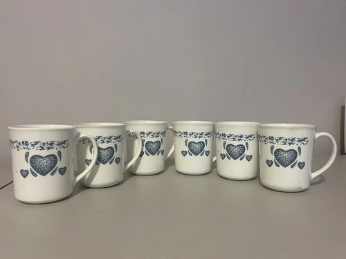Vintage Corning Ware Corelle White/Sponge Blue Heart Coffee Mug Cups Set Of 6