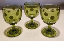 Vintage MCM Green Glass Polka Dot 14 Oz 6" Drinking Goblet Schooner Set of 3
