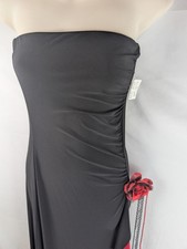 Just Miss Black Maxi Bodycon Dress Ruffled Hemline Red Rose Brooch Size Medium