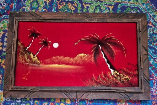 Vintage 70er Jahre tropische Szene gemalt auf rotem Samt 23" x 14" gerahmt