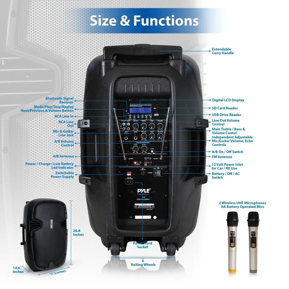 Pyle Portable Bluetooth PA 15’’ Speaker System, 1600 Watt, Rechargeable Battery - Image 2 of 4