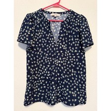 LOFT Ann Taylor Navy Blue Floral V-Neck Short Sleeve Textured Blouse Top Small