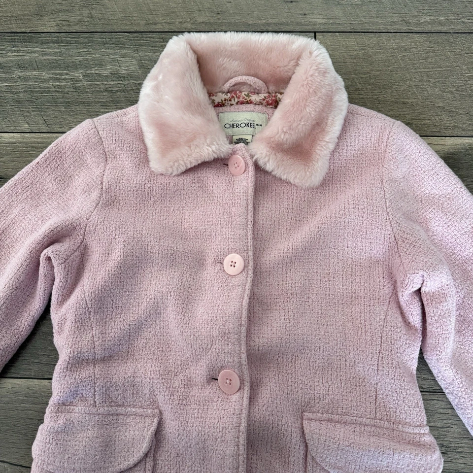 Abrigo de vestir de colección Cherokee rosa mezcla de lana imitación piel cuello floral niñas grande Foto 3 de 4
