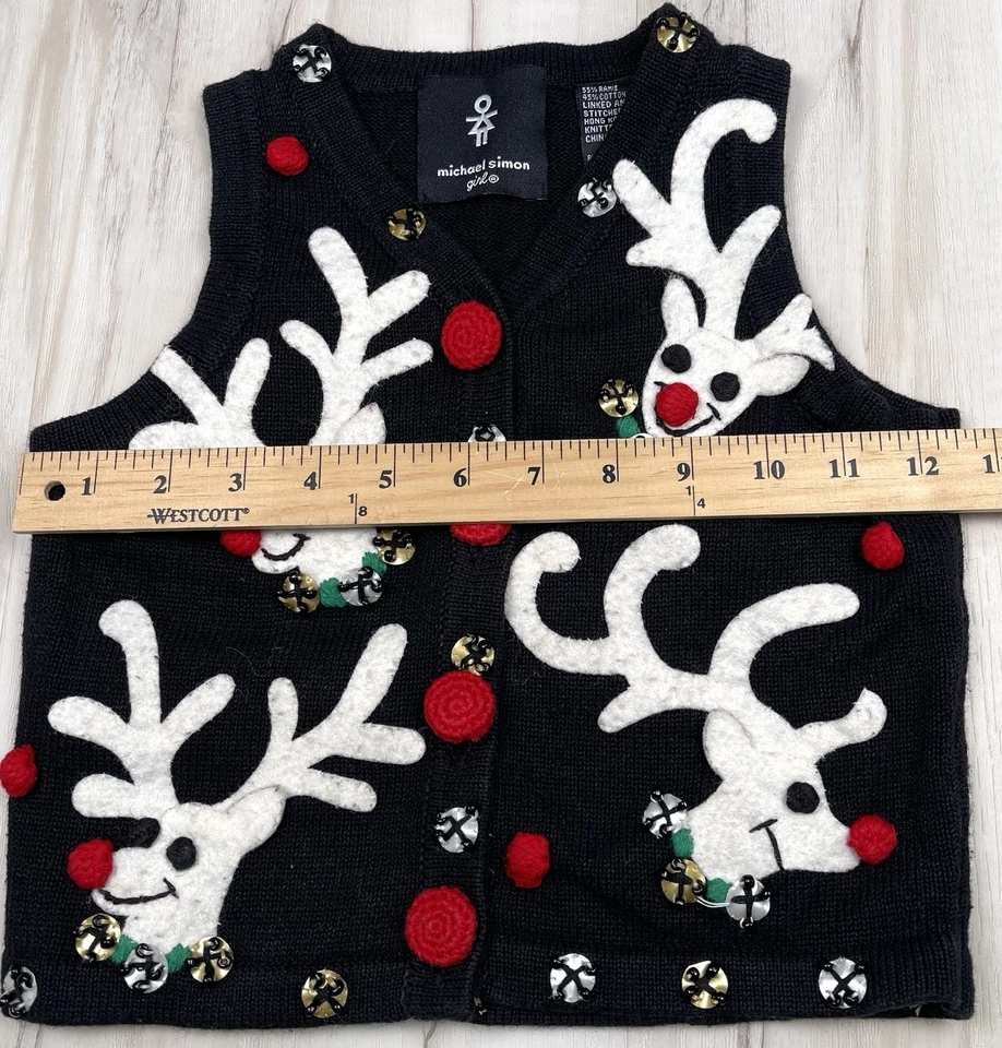 DE COLECCIÓN MICHAEL SIMON Niña Niños 2T Negro Adornado NAVIDAD SUÉTER CHALECO Reno Foto 3 de 4