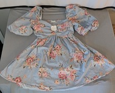 Altar'd State Floral Mini Dress Blue Pink flowers, Puffy Sleeves Size XL Girly