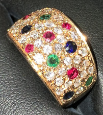 14K Gold Ruby Sapphire Emerald Diamond Pavé Ring