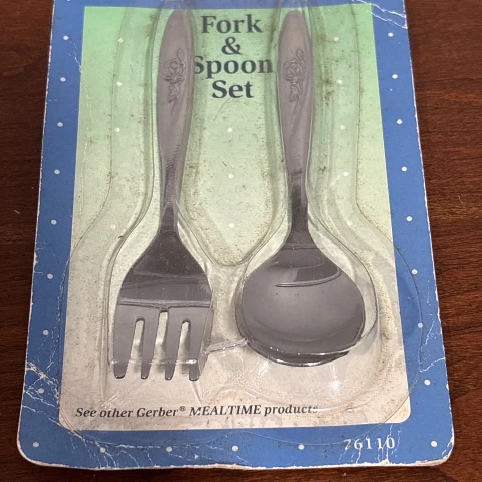 Juego de tenedor y cuchara Gerber MEALTIME 1991 flores de rosas florales nuevo de stock Foto 4 de 4