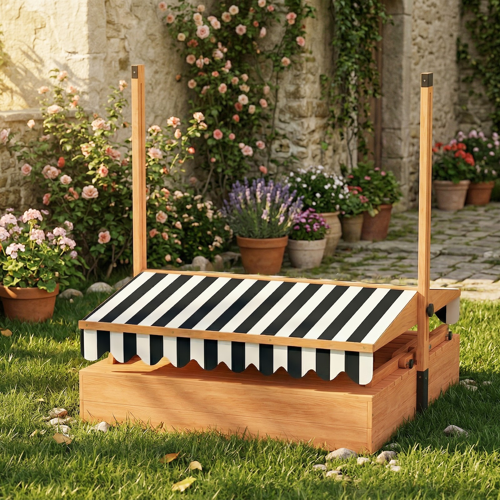 Qaba Wooden Kids Sandbox with Canopy, Foldable Picnic Table, Bench Seats