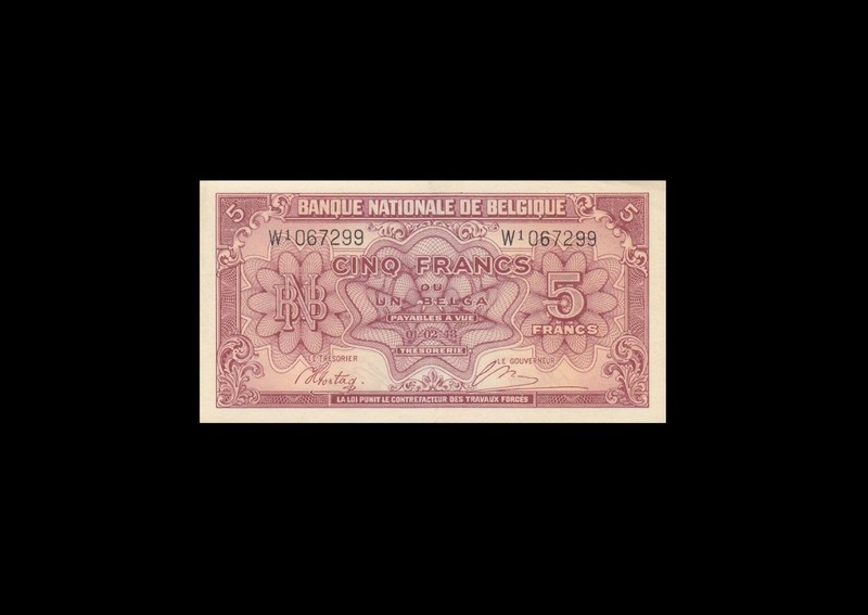 1943 WWII BELGIUM 5 FRANCS FRENCH FRANCE "W" ((  aUNC ))