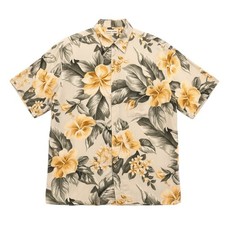 Vintage Pierre Cardin Hawaiian Shirt Med Hibiscus Vacation Travel Rayon Yellow