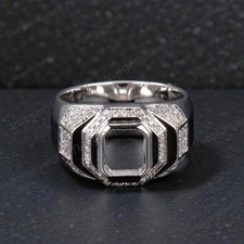 Bold 7x6mm Emerald Cut Semi-Mount 925 Silver Men's Ring Diamond Pave Heavy Band