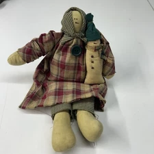 Primitive Rustic Momma Snowman With Baby Fabric Doll Christmas