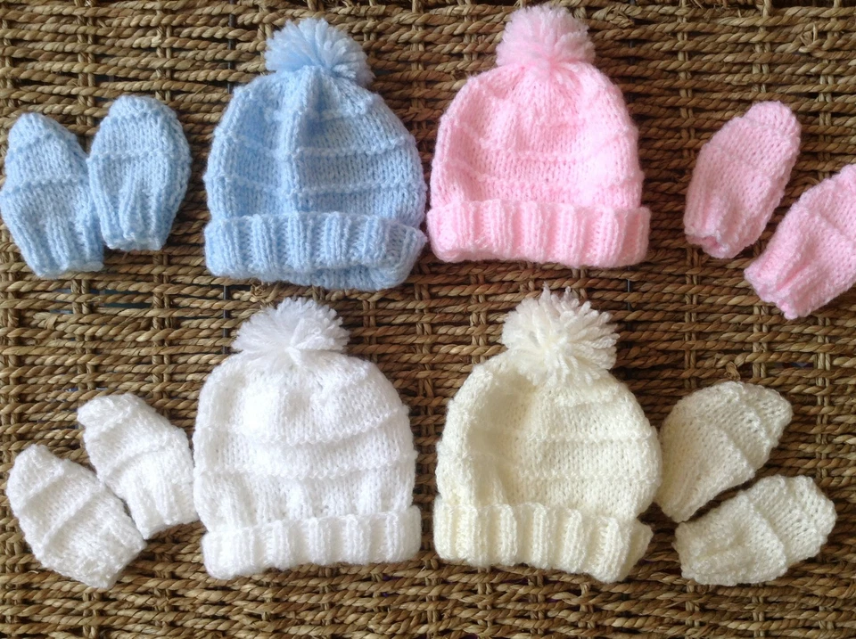 BRAND NEW HAND KNIT BABY ANNABELL DOLL HAT AND MITTS 3/5 LBS FITS TINY BABY