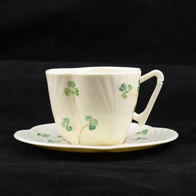 Vintage Belleek Flat Teacup & Saucer Set Harp Shamrock Gold Mark 1980-1992 EUC