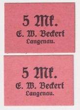 2 Banknoten Notgeld 5 Mark E.W. Beckert Lange...