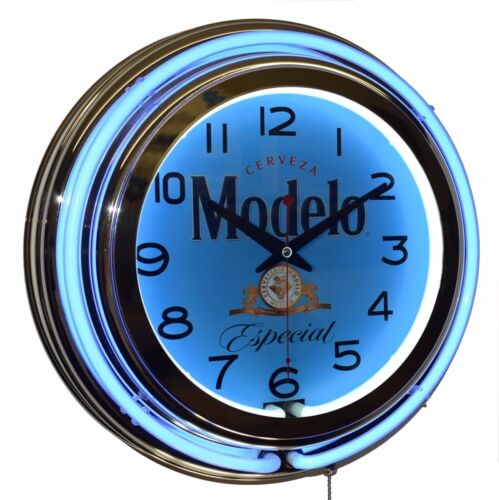Modelo Sign Blue 15" Double Neon Clock Man Cave Diner Pub Bar - Picture 1 of 2