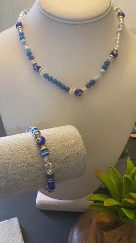 Handcrafted Jewelry Stretchy Bracelet Matching Necklace Cobalt Blue Evil Eye - Picture 2 of 2