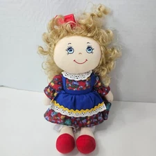 Vintage Commonwealth 1991 Rag Doll Plush Girl Cloth Blondy Curly Hair Blue Apron