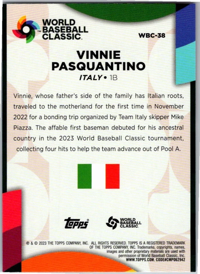 2023 Topps Series 1 BASEBALL #WBC-38 VINNIE PASQUANTINO - Image 2 of 2