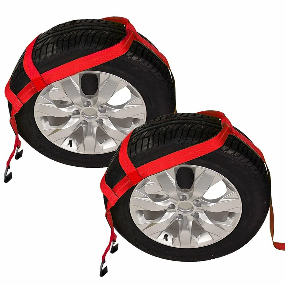 Heavy Duty 2PCS RED Car Tire Tow Dolly Straps Basket Tie Down Strap w/ Flat Hook - Image 3 of 4