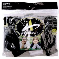Athletech Boys Ten-Pair Quarter Socks White Black Shoe Size 9-2.5 NEW