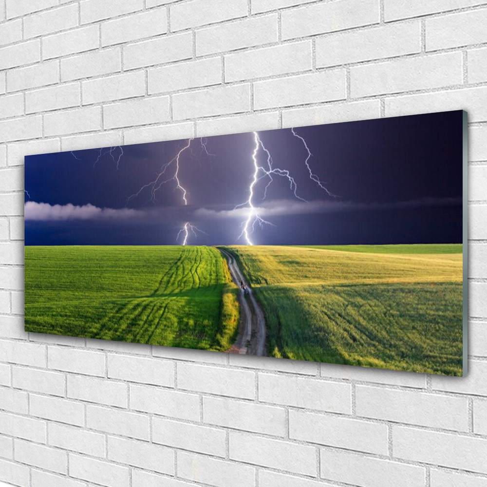Tableau en verre 125x50 cm avec paysage de champ et chemin sous la foudre