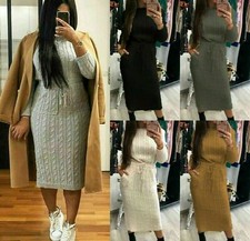  Women’s Cable Knitted Jumper Dress Ladies Pocket Tie up Long Midi Dresses 