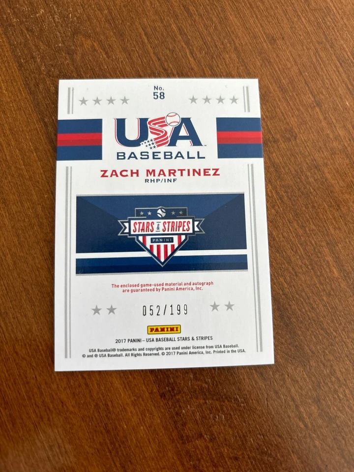 Zach Martinez 2017 USA Baseball Silhouette Auto Jersey #58 15 U Team Corban /199 - Image 2 of 2