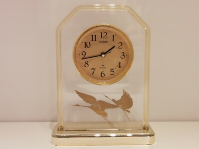 VINTAGE DESK TABLE BEAUTIFUL 24.5sm ANALOG QUARTZ CLOCK ''CITIZEN'' WITH CRANES