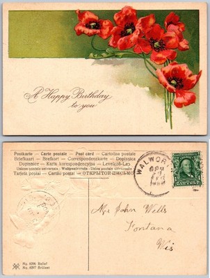Red Poppies Birthday Greeting Walworth WI Postcard