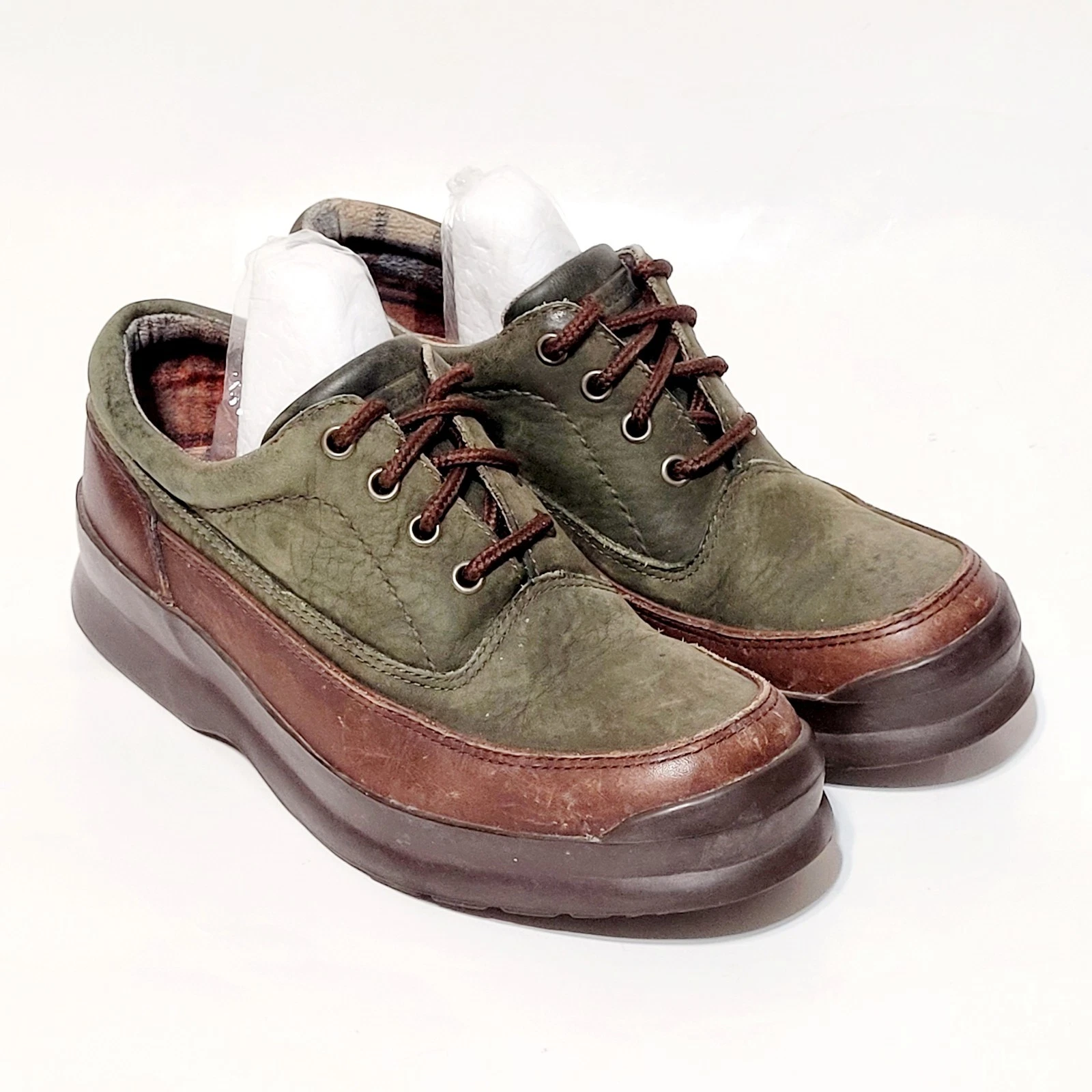 Cole Haan Sporting Brown Green Low Lace Up Hiking Shoes Plaid Lining Wms 7.5M US