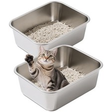 2 Pack Stainless Steel Cat Litter Box Large Metal Litter Pan Tray High Sided ...