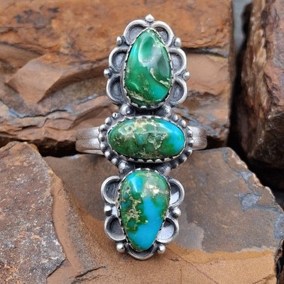 Sonoran Gold Turquoise Ring Adj 6.5-8.5 Sterling Silver 3 Stone Southwestern