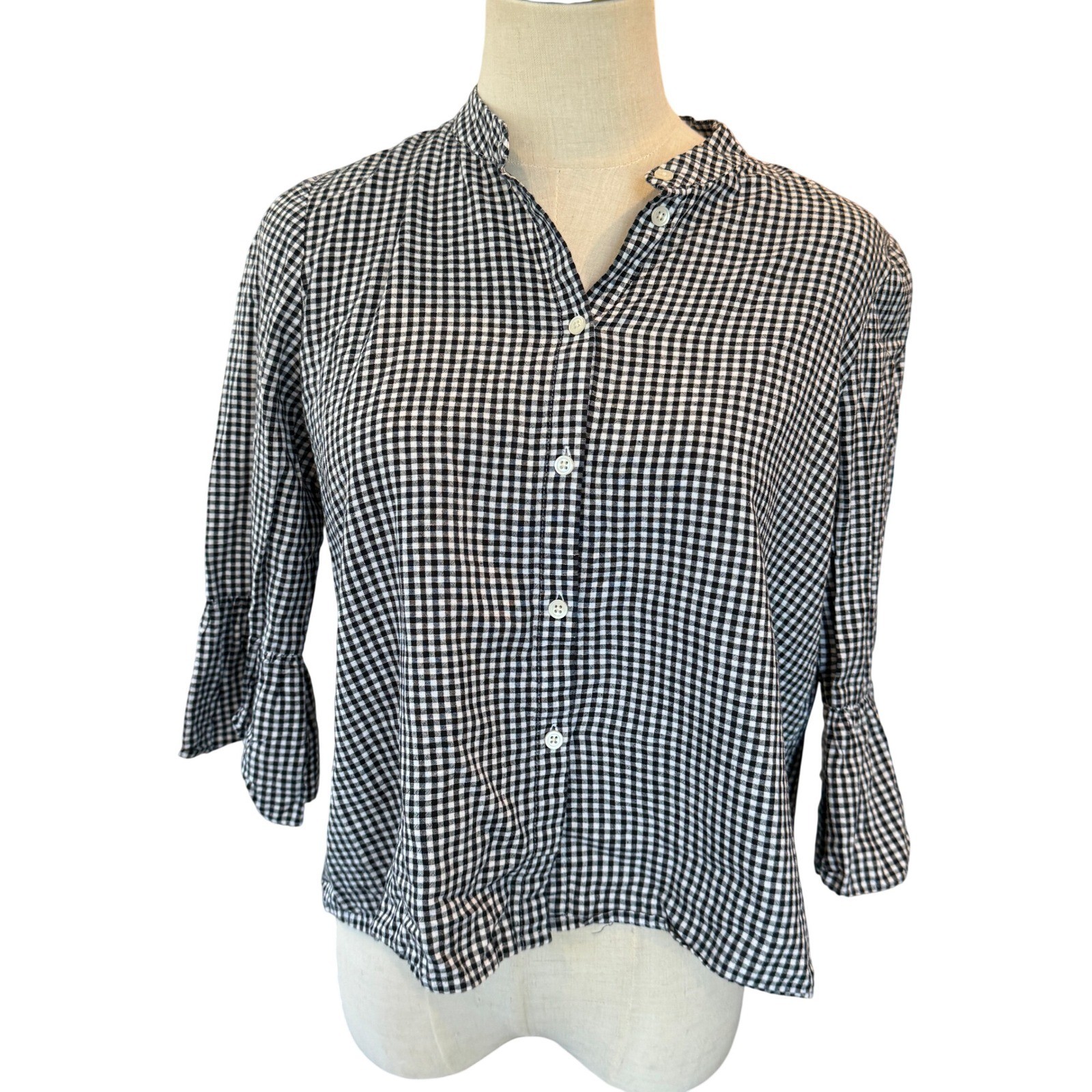 Madewell Gingham Bell Sleeve Button Down Top Black White Cotton Linen Size M
