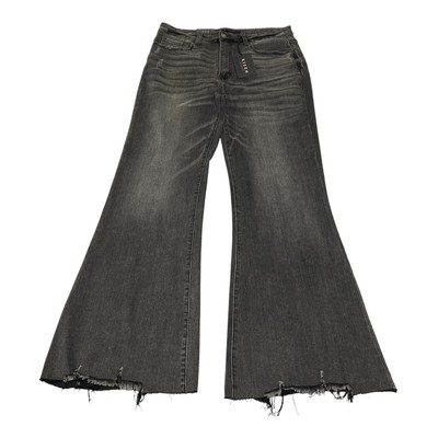 NWT Risen Womens 1XL Flare Jeans Black Acid Wash High Rise Raw Hem Stretch Denim
