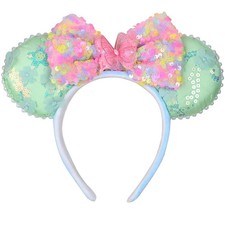 Sequin Mouse Ears Headband with Pink Bow - Sparkly Butterfly Hair Band for Girl