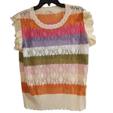 BiBi Boutique Womens Sz XL  Sweater Multicolor Stripes Knit Crochet Boho Top 