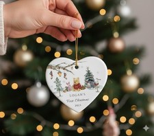 Personalized Pooh Bear  Friends Baby's First Christmas Festive Winter Ornament