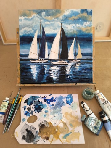 Modern Nautical Handmade Oil Painting of Sailboats Coastal Art Gift 12x12x0.8” - Picture 3 of 10